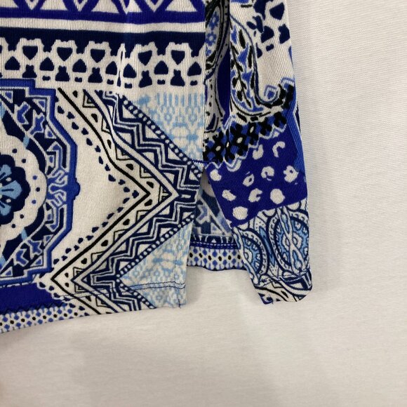 Chico's Travelers size 12/14 Blue Abstract Boho Slinky Knit 3/4 Sleeve Blouse - Picture 7 of 10